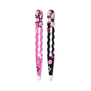Pink Party Series Flat & Slant Tip Eyebrow Tweezers Set (2 pcs)
