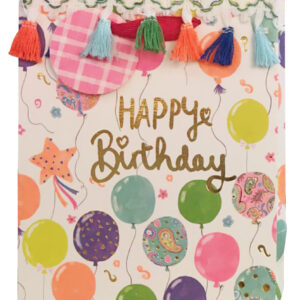 Balloon Party Collection Birthday Joy Upright-Design Medium Gift Bag (White with Tassels) (18*23*10c
