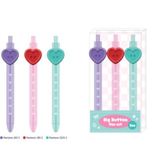Big Button Series Heart Button Plastic Ballpoint Pen Set (3 Pack) (1.0mm, Black)