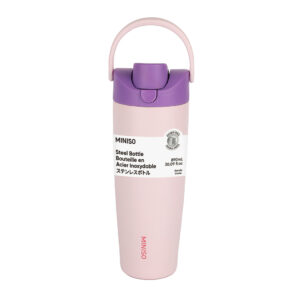 Large Capacity Double-Wall Flip Top Stainless Steel Bottle with Straw 890mL(Pink)