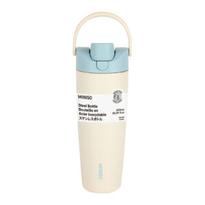 Large Capacity Double-Wall Flip Top Stainless Steel Bottle with Straw 890mL(Beige)