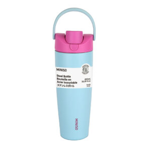 Large Capacity Double-Wall Flip Top Stainless Steel Bottle with Straw 890mL(Light Blue)